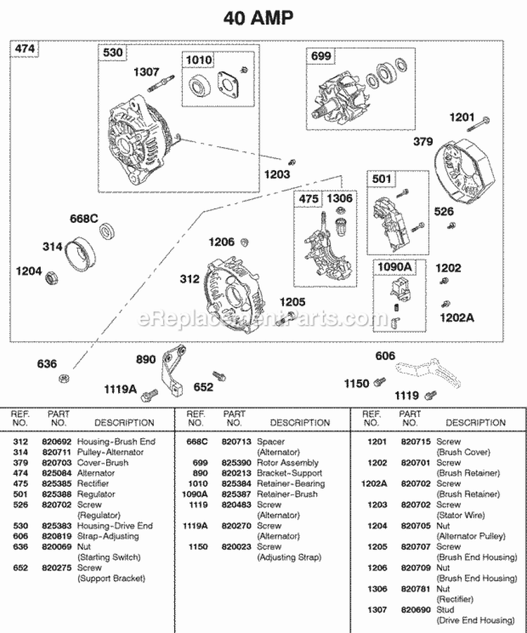 Alternator 40 Amp Diagram and Parts List for 581447-0375-E2  Briggs and Stratton Engine